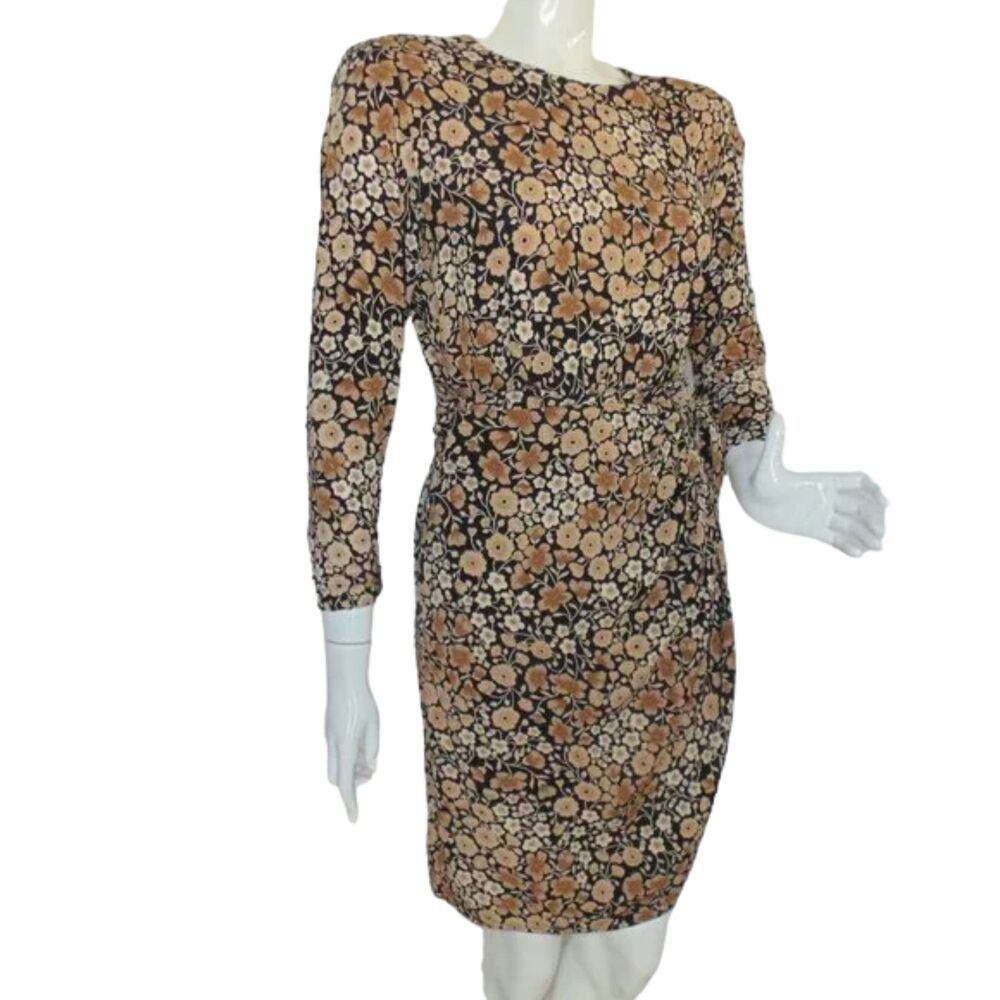 LIZ CLAIBORNE Dress, 8, Black/Tan Floral, Faux Wrap Skirt, Shoulder pads, VTG - Picture 4 of 13